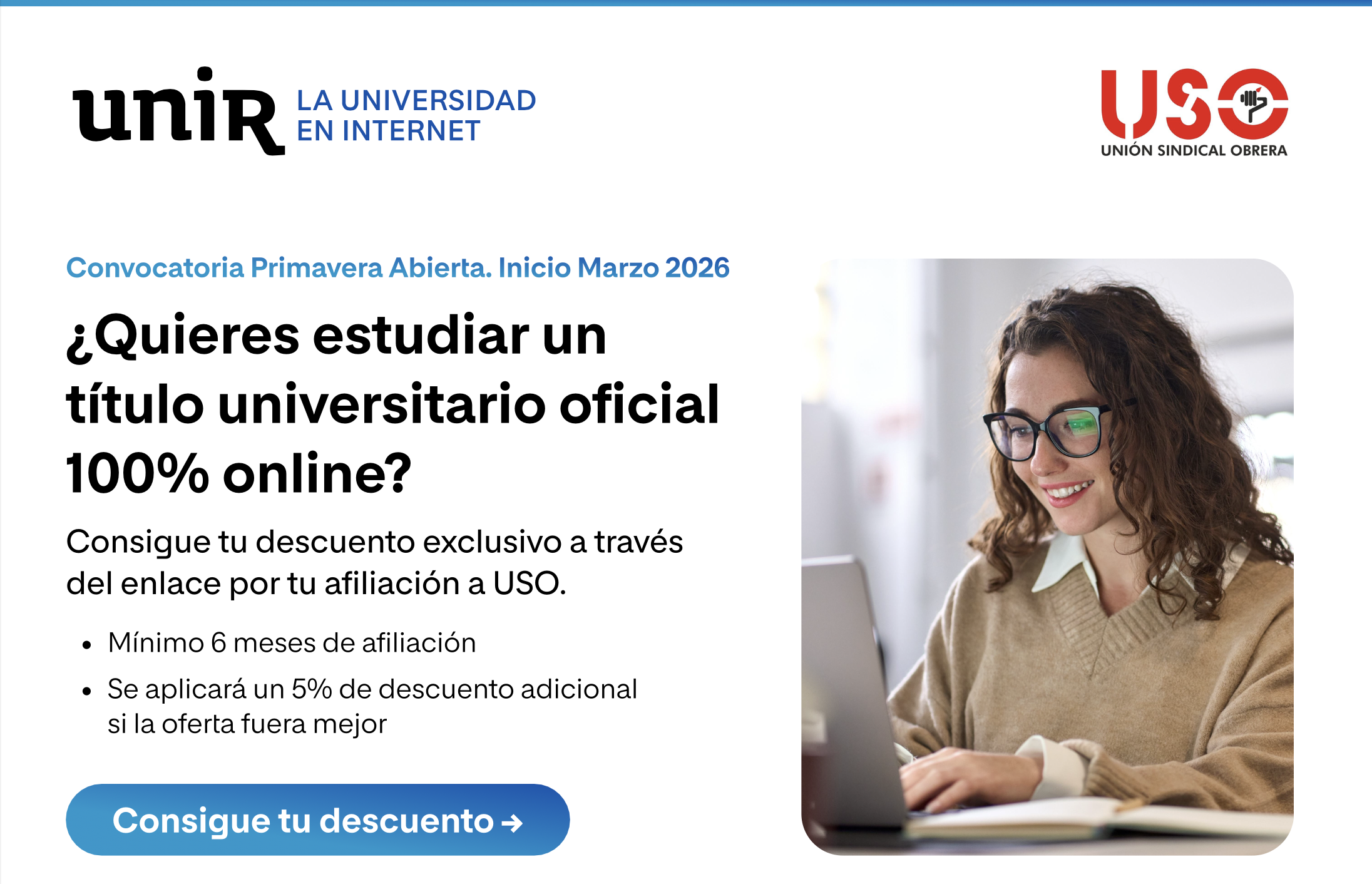Más descuentos especiales de UNIR para afiliados USO.