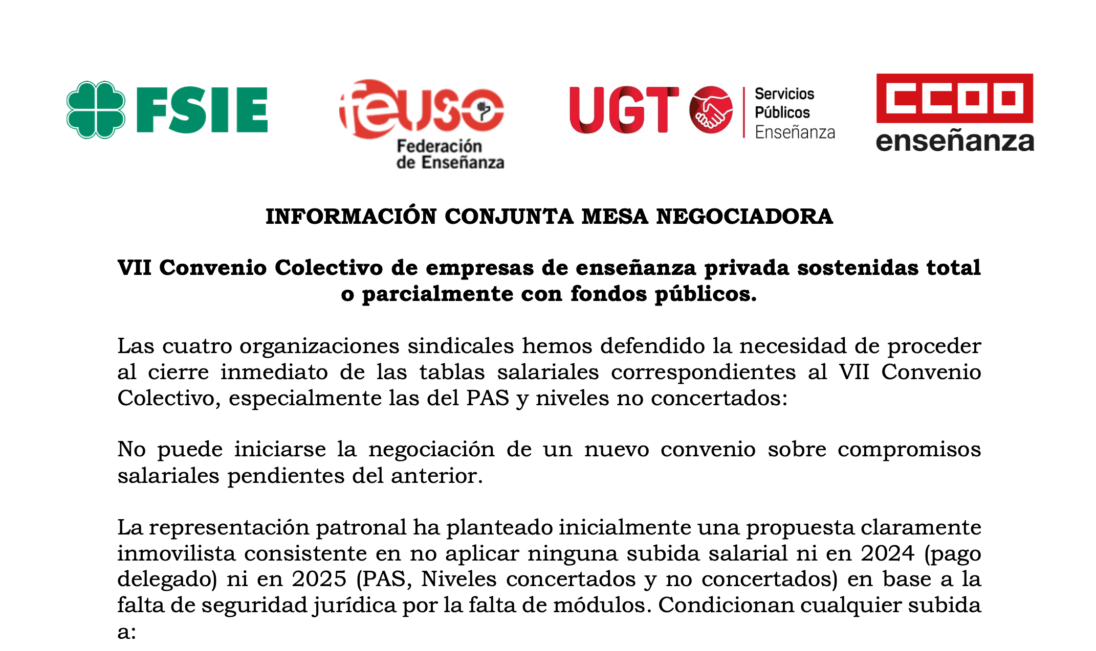 FEUSO y el resto de organizaciones sindicales reclaman el cierre inmediato de las tablas salariales del VII Convenio.