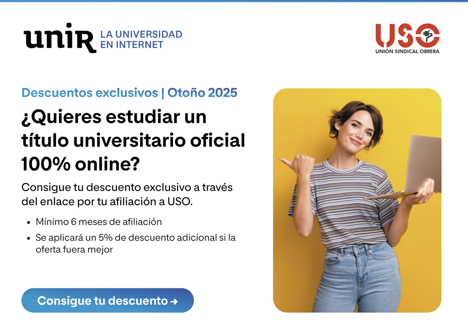 Nuevos descuentos especiales de UNIR para los afiliados a USO.
