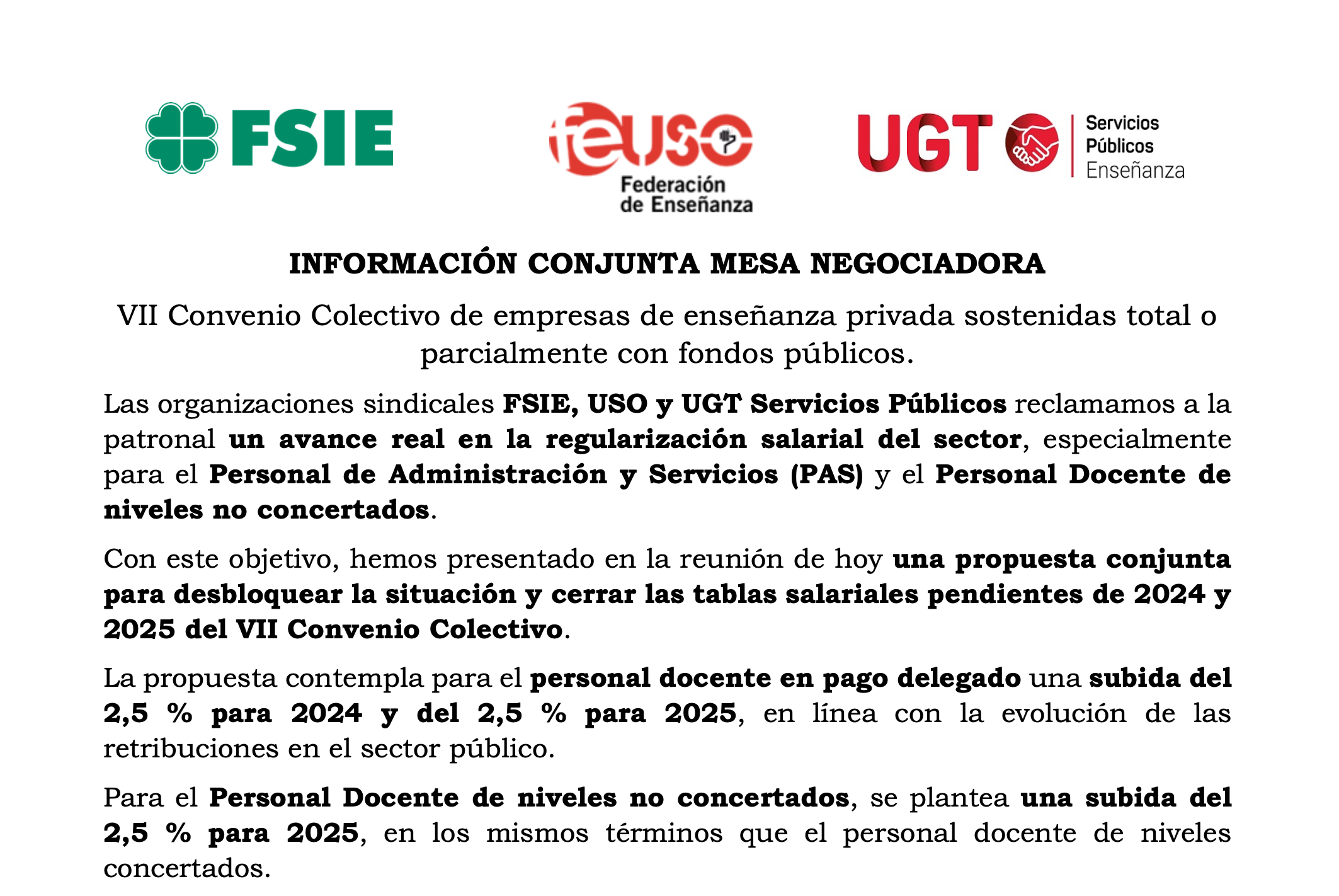 FEUSO, FSIE y UGT reclaman avances en la regularización salarial del VII Convenio de la enseñanza concertada.